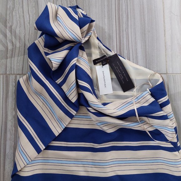New Banana Republic  fitted Sheath Dress blue Stripe One-Shoulder Bow Size 4 - Picture 8 of 10
